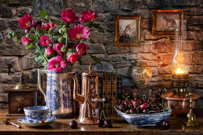 Rustic Still Life with Hollyhocks and Cherries