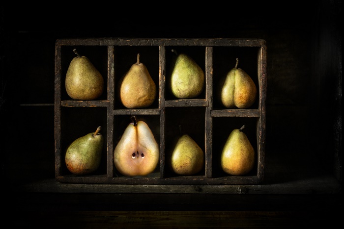 Artistic Still Life Pears in Wooden Compartments