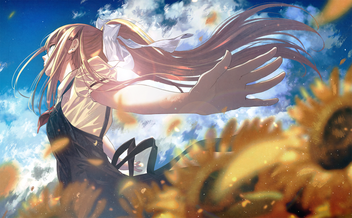Misuzu Kamio reaching out in a sunny sunflower field