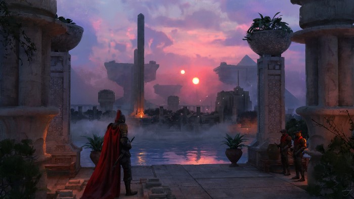 Fantasy Warrior Overlooking Ancient City with Twin Suns
