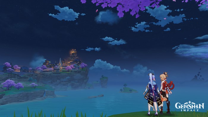 Kamisato Ayaka and Yoimiya overlooking Inazuma at night