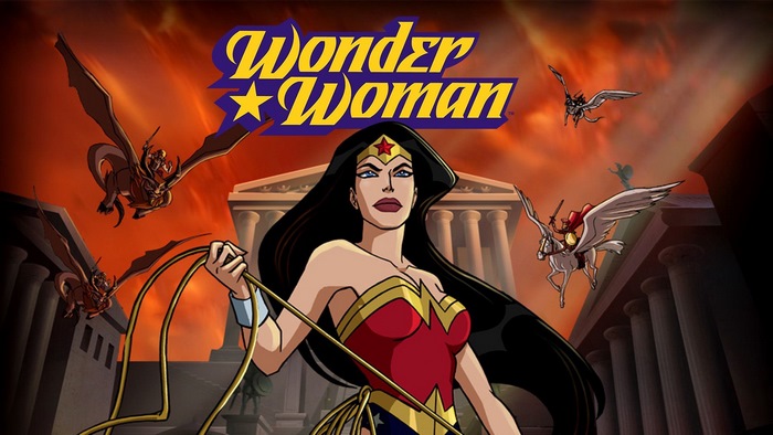 Wonder Woman battles flying creatures in fiery sky