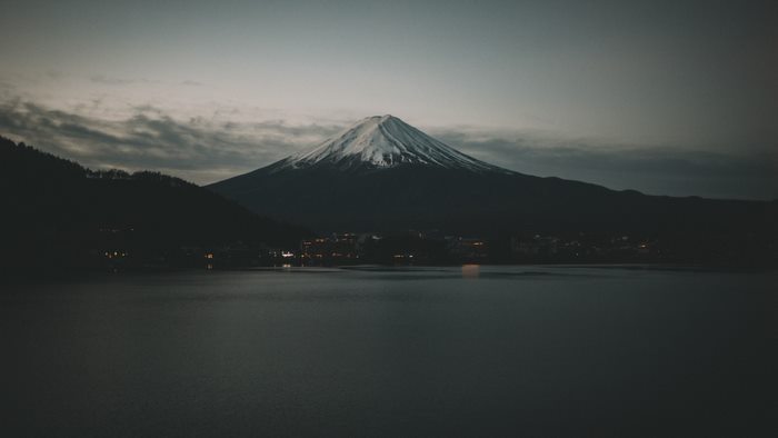Mount Fuji and Lake with City Lights at Dusk, Japan