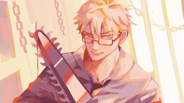 Chainsaw Man Denji with bloody chainsaw and glasses