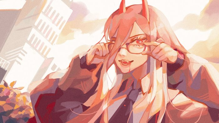 Power (Chainsaw Man) in glasses with playful expression