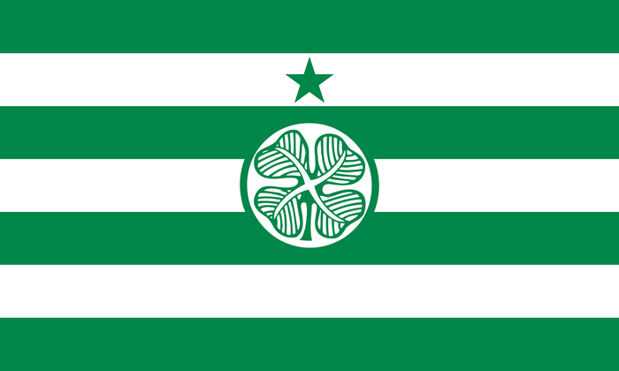 Celtic F.C. Green and White Striped Flag with Clover Emblem