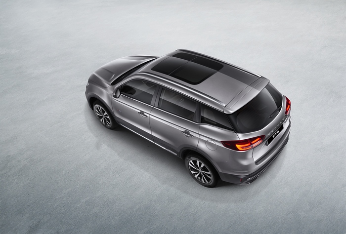 Overhead view of a silver Proton X70 SUV