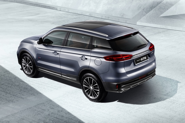 Grey Proton X70 SUV, high angle rear view