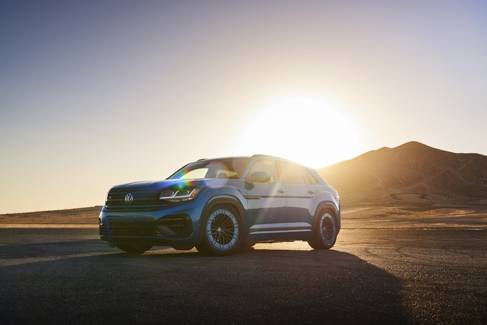 Blue Volkswagen Atlas Cross Sport GT Concept SUV at sunset