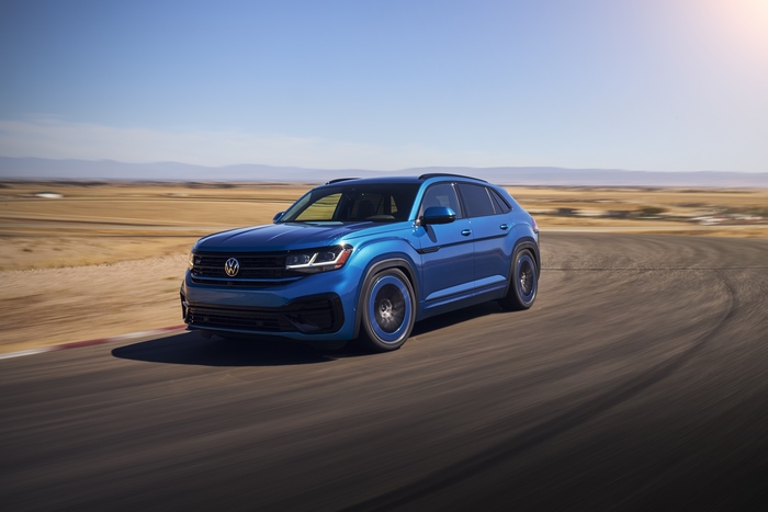 Blue Volkswagen Atlas Cross Sport GT Concept SUV on race track