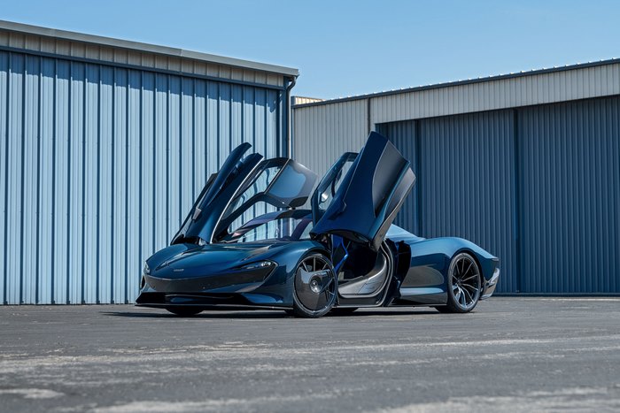 Dark Blue McLaren Speedtail Supercar with Open Doors