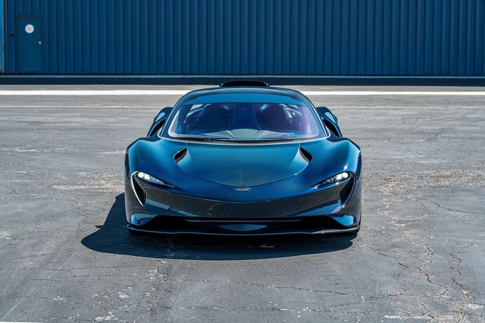 Dark blue McLaren Speedtail 4K supercar front view