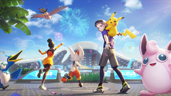 Pikachu, Wigglytuff, Cinderace and Pokémon celebrate with fireworks