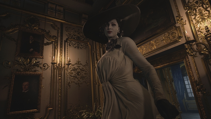 Alcina Dimitrescu in her lavish castle hall