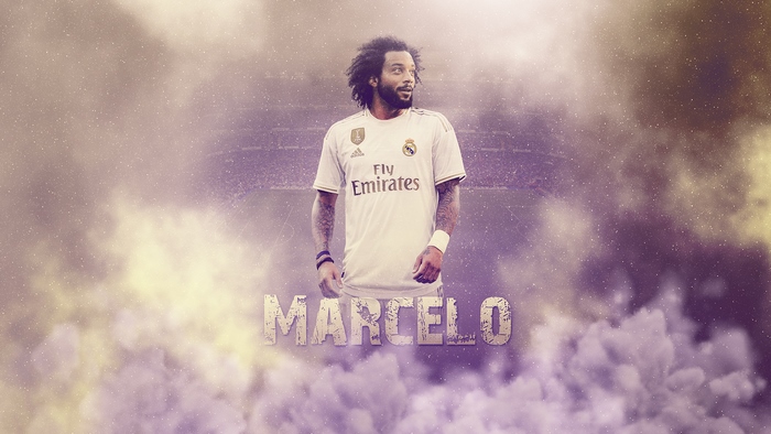 Marcelo Vieira in Real Madrid White Kit with Smoky Background