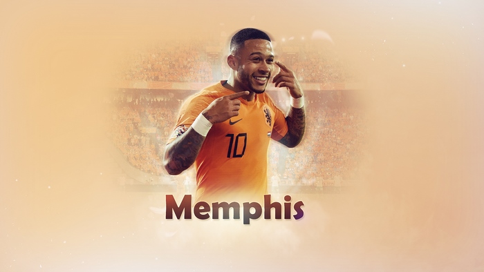 Memphis Depay smiling in orange Netherlands football jersey