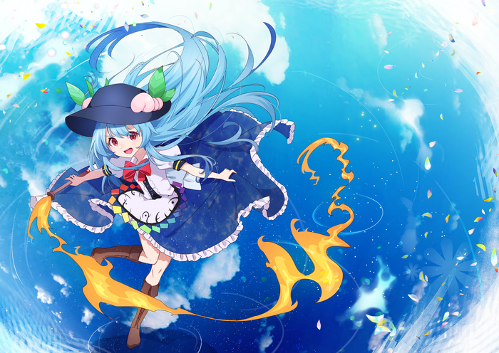 Tenshi Hinanawi flying with fiery staff in blue sky