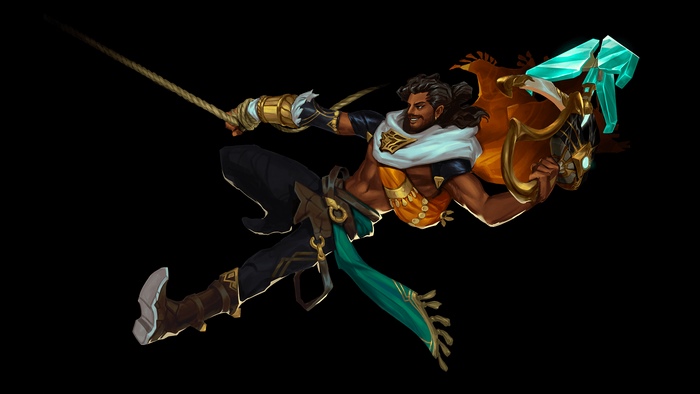 Akshan League of Legends dynamic pose with grappling hook