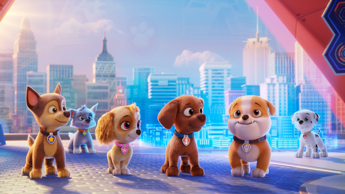 Paw Patrol: The Movie characters in a futuristic city