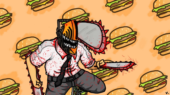 Bloody Chainsaw Man Denji with hamburger pattern