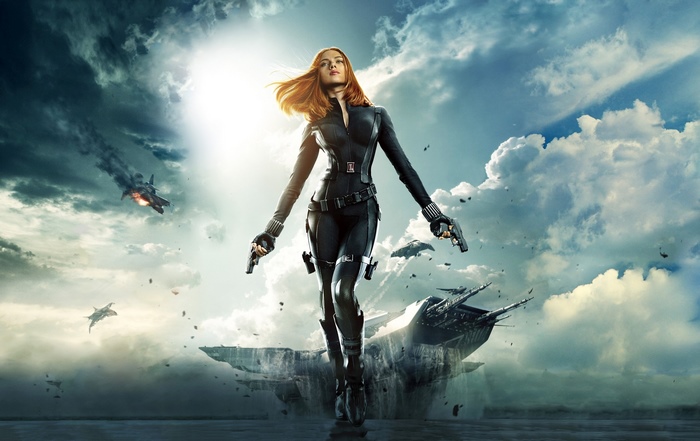 Black Widow (Scarlett Johansson) with guns in epic sky battle