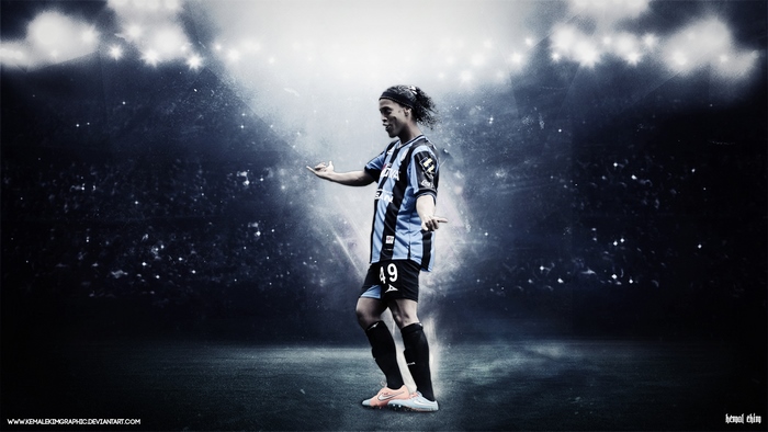 Brazilian soccer star Ronaldinho in a dark stadium