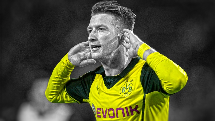 Marco Reus cupping ears for Borussia Dortmund