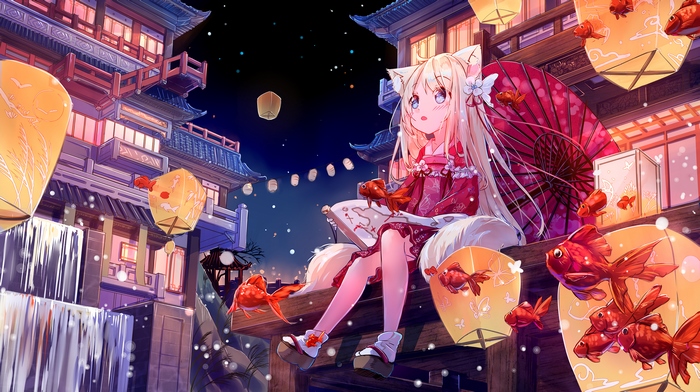 Animal-eared girl at night festival with lanterns and goldfish