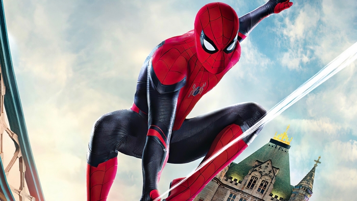 Spider-Man: Far From Home web-slinging over city