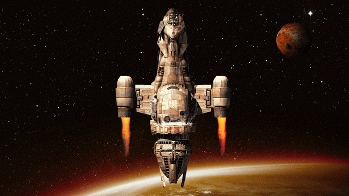 Firefly Serenity spaceship flying above a planet
