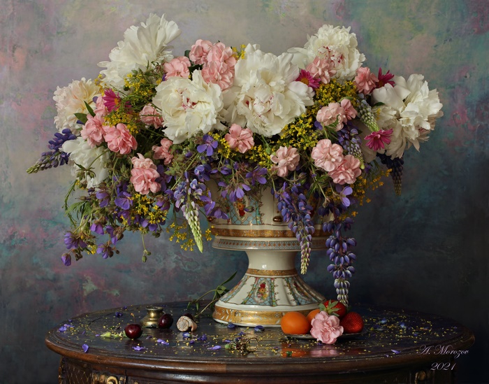 Elegant Floral Still Life with Peonies and Fruits