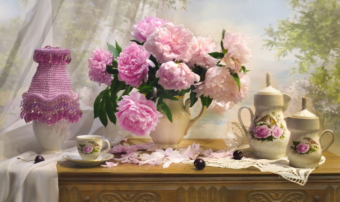 Pink Peonies, Teaware, and Beaded Lamp Still Life