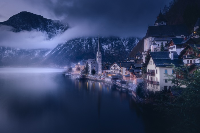 Hallstatt, Austria: Winter Twilight Village by Lake