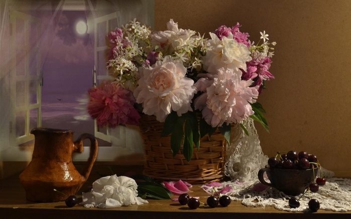 Moonlit Still Life with Peonies and Cherries