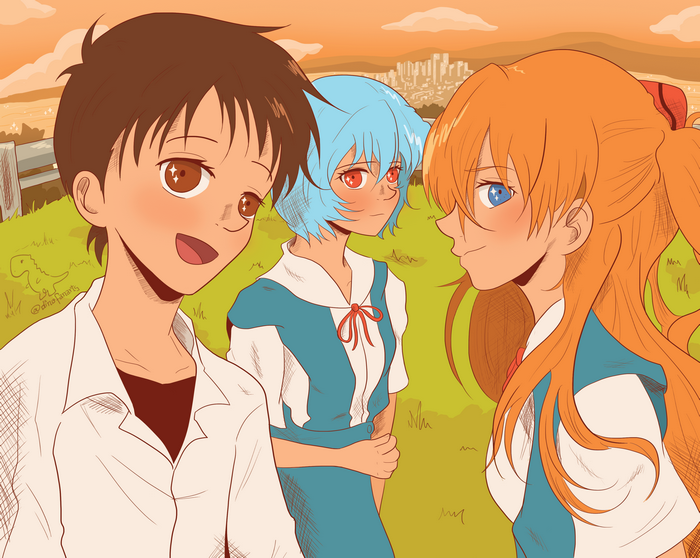 Neon Genesis Evangelion trio smiling at sunset