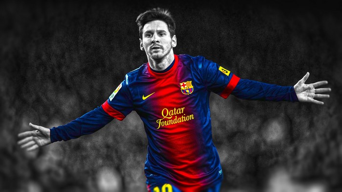 Lionel Messi in FC Barcelona kit, arms wide