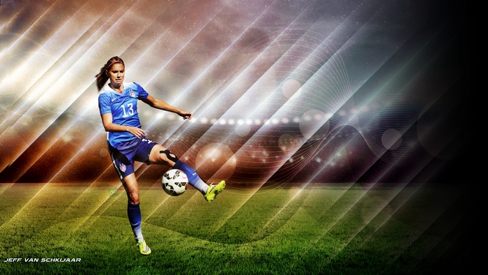 Alex Morgan kicking soccer ball in abstract stadium