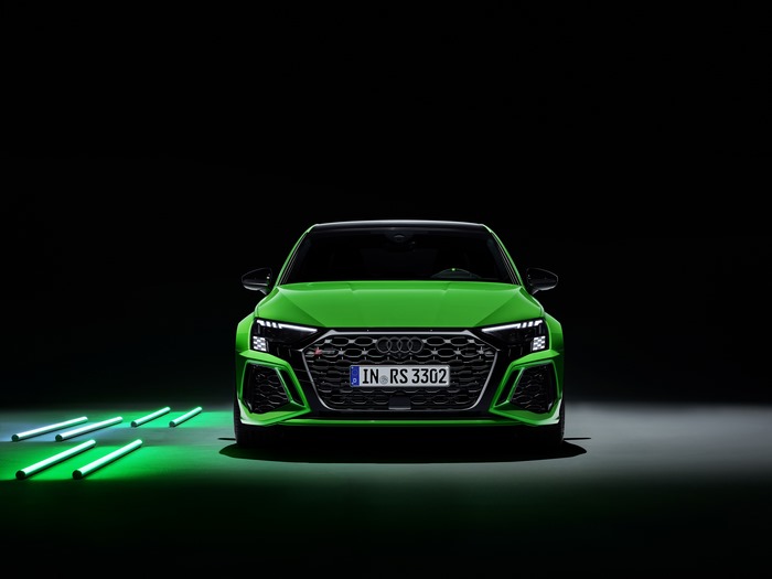 Green Audi RS3 Sedan front view