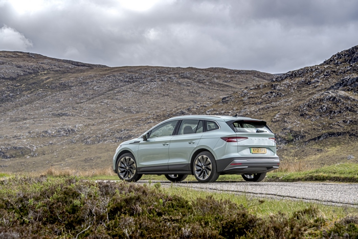 Škoda Enyaq Electric SUV in a rugged landscape