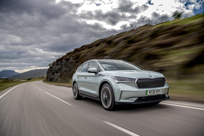 Škoda Enyaq IV 80 Electric SUV on a scenic road