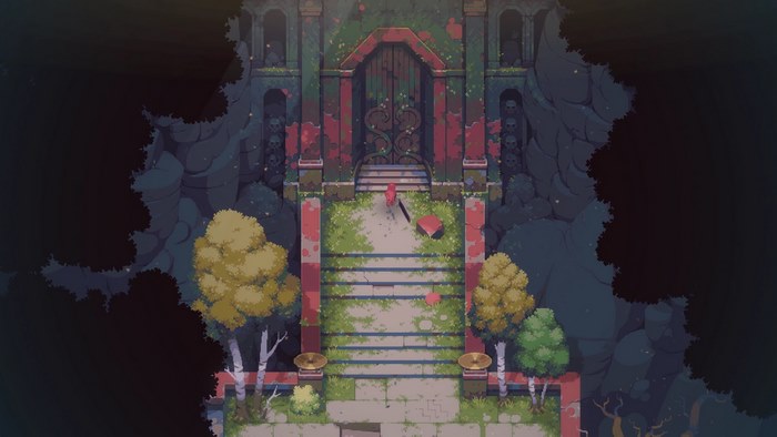 Eldest Souls: Red-clad Hero at Skull-Adorned Gate