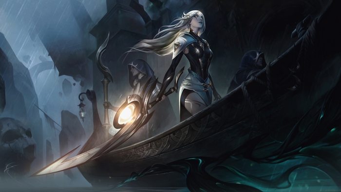 Diana, The Sentinels of Light, in a dark boat