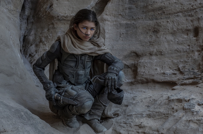 Zendaya as Chani in Dune stillsuit with blue eyes