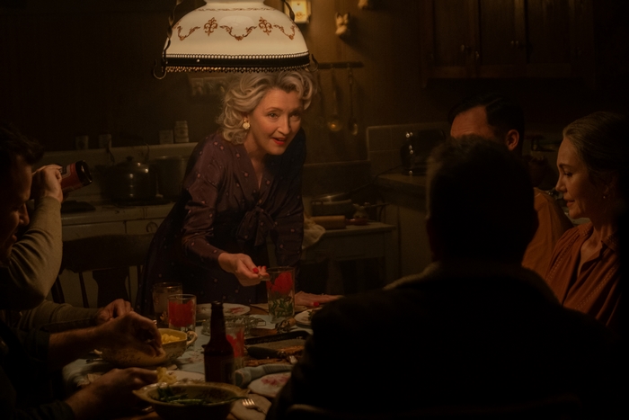 Lesley Manville at dinner in Let Him Go