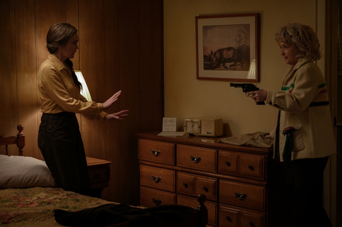 Lesley Manville points gun at Diane Lane in Let Him Go