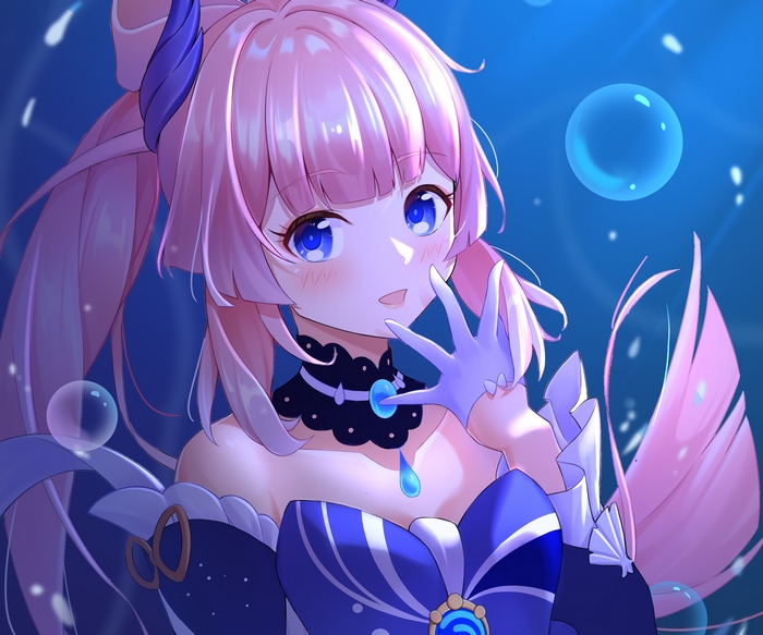 Sangonomiya Kokomi smiling underwater with bubbles