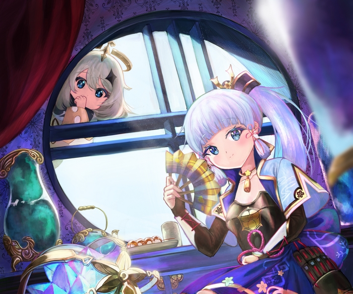 Kamisato Ayaka and Paimon peeking through the window