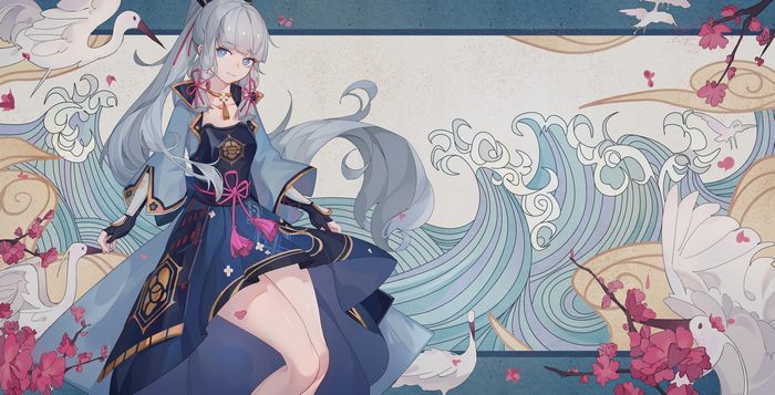 Kamisato Ayaka with cranes, cherry blossoms, and waves