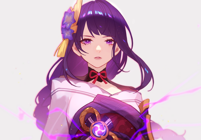 Elegant Raiden Shogun with glowing purple electro power