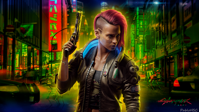 Cyberpunk 2077 V on Neon Night Street